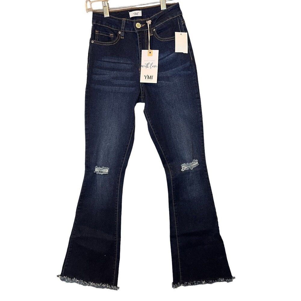 YMI Junior Dark Wash Distressed High Rise Cutoff Flare Leg Denim Blue Jeans Sz 3